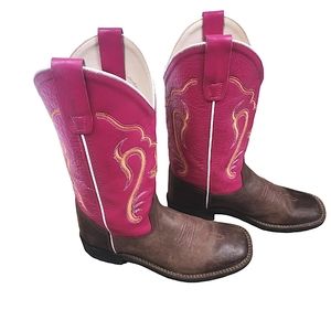 Old West Square Toe Cowboy Boots Brown and Pink Youth Size Women's 8-8.5